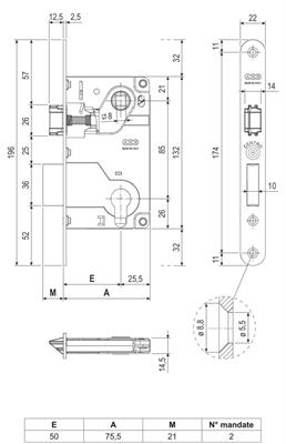 SERRATURA E.50 SCR+MAN.CIL/SAG FRON.22X196 I.85 CROM.OP.(25)