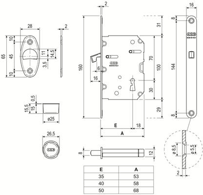 SERRATURA SCIVOLA TRE F.16 E.50 CHIAVE CROMATO OPACO    (10)