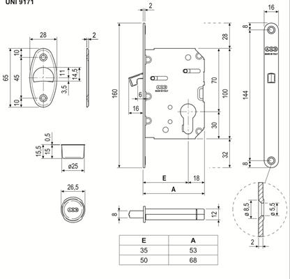 SERRATURA SCIVOLA TRE F.16 E.50 FORO CIL. OTTONE VERNIC.(10)